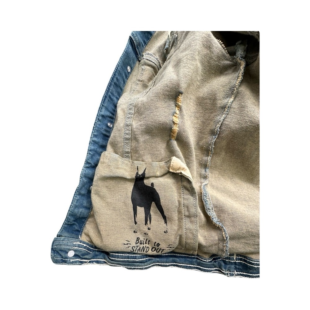 Makobi Denim Jacket Mens XL Blue Distressed Frayed Premium Cotton Trucker Coat - Picture 6 of 12
